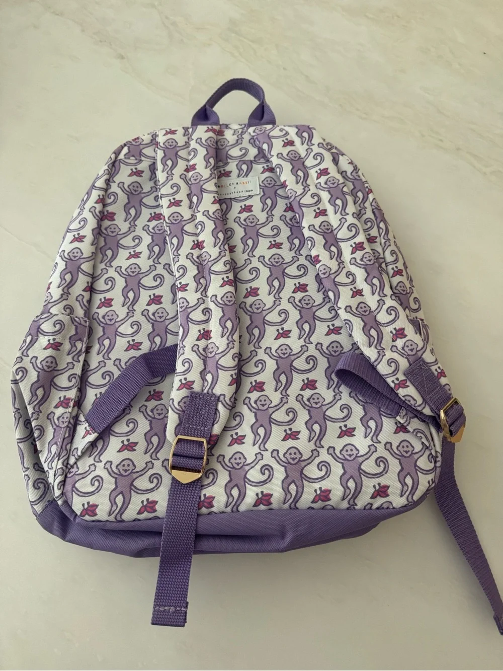 Roller Rabbit Purple Monkey Print Backpack with Pink “AJR” Initials